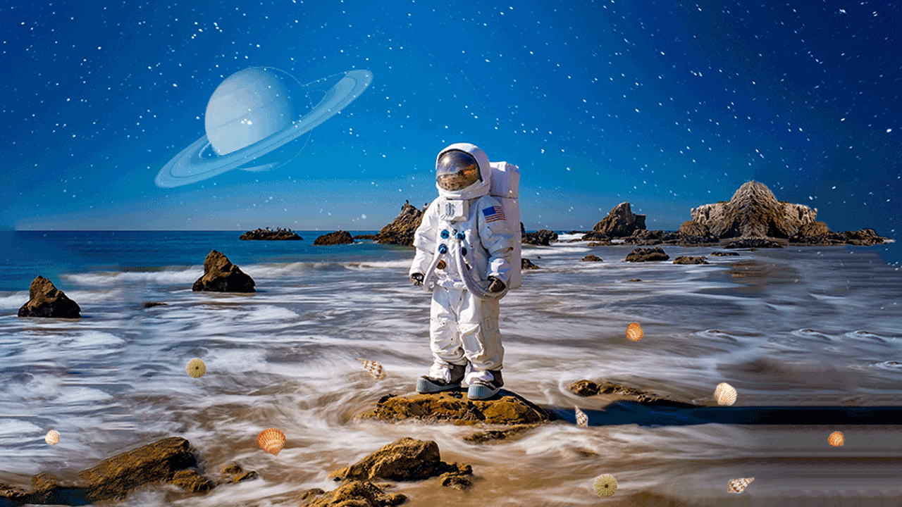 An astronaut standing on the beach, surrounded by seashells, in front of a cosmic sky with a big Saturn hanging over the ocean