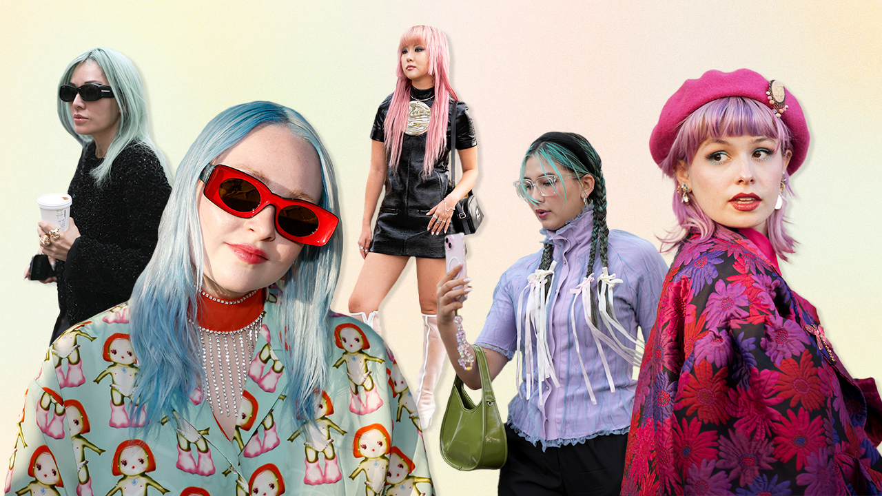 Fashion week guests with pastel blue, pink, and purple hair.