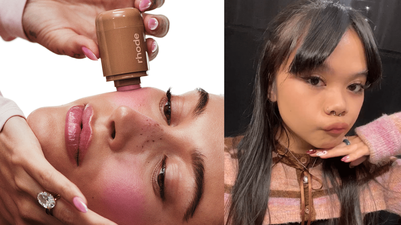 Hailey Bieber wearing the Rhode Pocket Blush in Piggy next to beauty writer Kleigh Balugo wearing the Rhode Pocket Blush in Piggy.