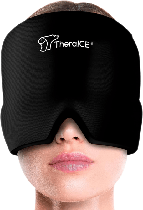 A woman wearing the TheraICE Migraine Relief Cap