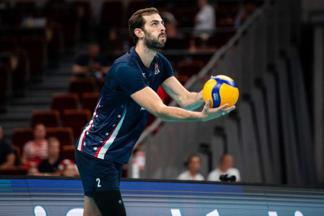 Aaron Russell of USA seen in action during the Volleyball International Friendly Tournament match between Poland and USA at the Ergo Arena on July 21, 2024 in Gdansk, Poland.