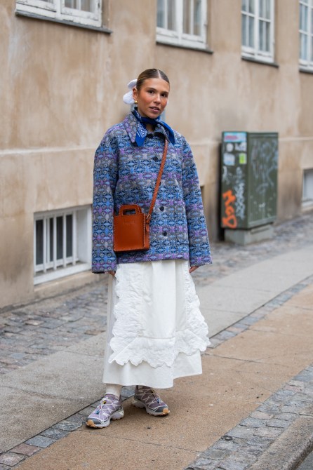 STYLECASTER | Back to School Outfits, Maxi skirt, quilted jacket, sneakers, copenhagen style