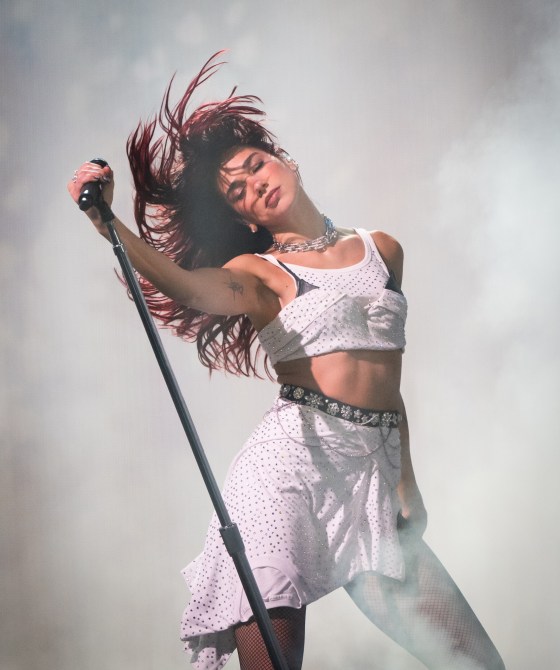 Dua Lipa performs as she headlines the Pyramid stage during day three of Glastonbury Festival 2024 at Worthy Farm, Pilton on June 28, 2024 in Glastonbury, England. Founded by Michael Eavis in 1970, Glastonbury Festival features around 3,000 performances across over 80 stages. Renowned for its vibrant atmosphere and iconic Pyramid Stage, the festival offers a diverse lineup of music and arts, embodying a spirit of community, creativity, and environmental consciousness.