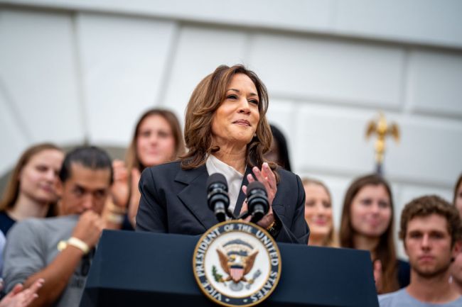 WASHINGTON, DC - JULY 21: U.S. Vice President Kamala Harris speaks during an NCAA championship teams celebration on the South Lawn of the White House on July 22, 2024 in Washington, DC. U.S. President Joe Biden abandoned his campaign for a second term after weeks of pressure from fellow Democrats to withdraw and just months ahead of the November election, throwing his support behind Harris. (Photo by Andrew Harnik/Getty Images)
