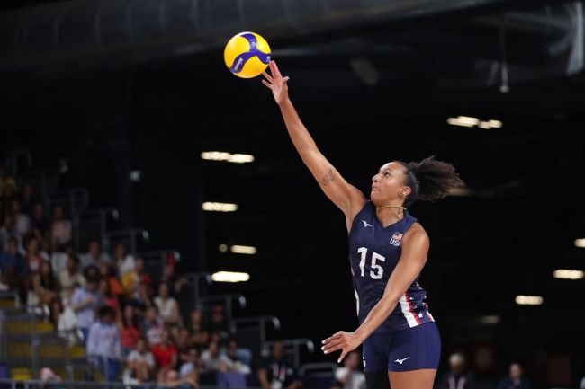 Haleigh Washington #15 of Team United States serves during the Women's Preliminary Round - Pool A match between the United States and China on day three of the Olympic Games Paris 2024 at Paris Arena on July 29, 2024 in Paris, France.