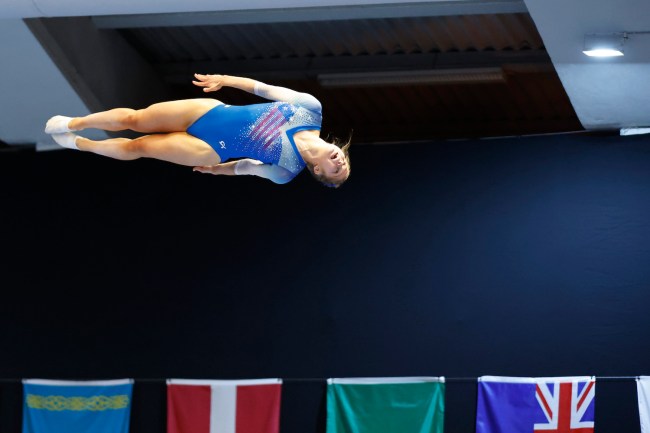 Jessica Stevens from United States of America competes during the Woman Trampoline Final at Trampoline Gymnastics World Cup on July 2, 2023 in Santarem, Portugal.