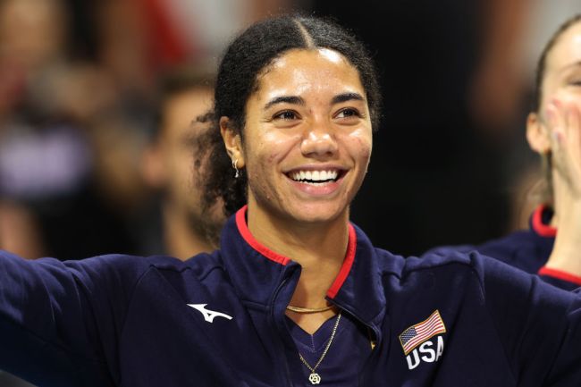 Jordan Thompson #12 of the United States reacts during an Olympic volleyball send-off celebration after a Women's match between the United States and Netherlands as part of the 2024 USA Volleyball Cup presented by hoag at Walter Pyramid on July 14, 2024 in Long Beach, California. The United States defeated Netherlands 3-1.