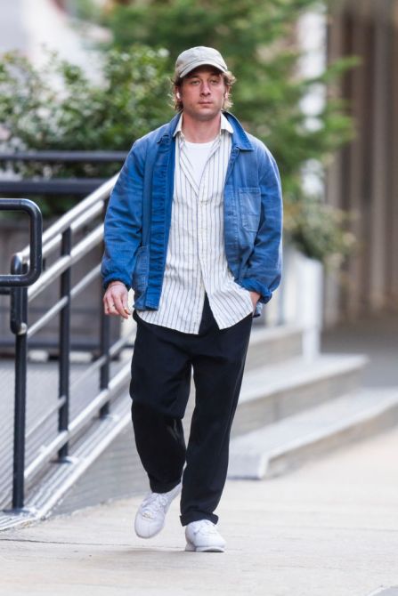 Jeremy Allen white, layers, denim jacket, Nike, street style
