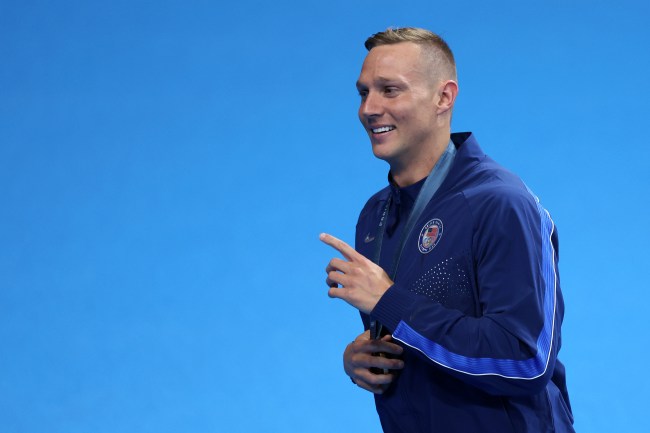 NANTERRE, FRANCE - JULY 27: Gold Medalist, Caeleb Dressel of Team United States is seen with his medal following the Medal Ceremony after the Men's 4x100m Freestyle Relay Final on day one of the Olympic Games Paris 2024 at Paris La Defense Arena on July 27, 2024 in Nanterre, France.