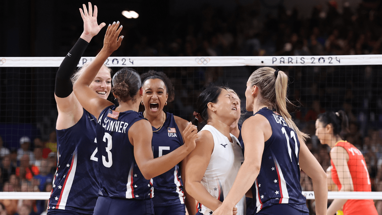 Team United States athletes react during the Women's Preliminary Round - Pool A match between the United States and China on day three of the Olympic Games Paris 2024 at Paris Arena on July 29, 2024 in Paris, France.