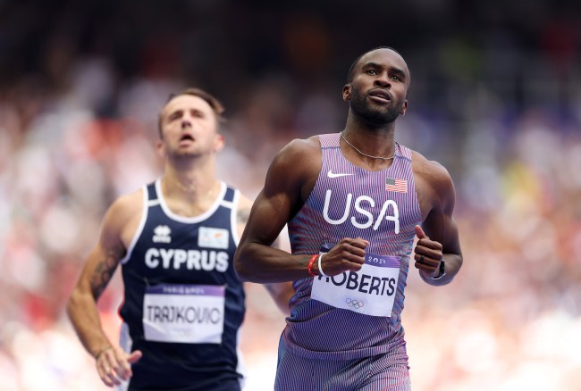 Daniel Roberts of Team United States reacts during the Men's 110m Hurdles Round 1 on day nine of the Olympic Games Paris 2024 at Stade de France on August 04, 2024 in Paris, France.