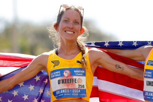Fiona O'Keeffe celebrates after placing first during the 2024 U.S. Olympic Team Trials - Marathon on February 03, 2024 in Orlando, Florida.
