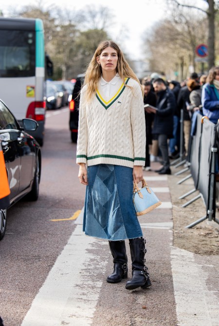 STYLECASTER | How to Wear a Denim Skirt, sweater, denim midi skirt, moto boots.