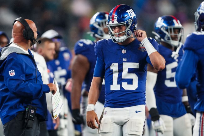 Tommy DeVito #15 of the New York Giants  looks on during an NFL football game against the Detroit Lions at MetLife Stadium on August 8, 2024 in East Rutherford, NJ.