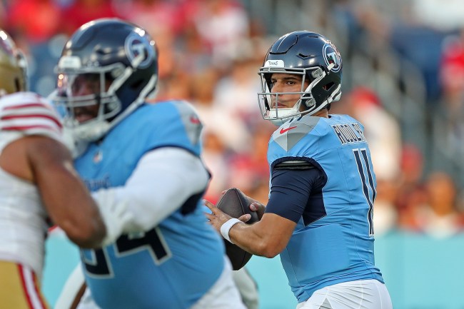 Mason Rudolph #11 of the Tennessee Titans looks to pass during the game against the San Francisco 49ers at Nissan Stadium on August 10, 2024 in Nashville, Tennessee