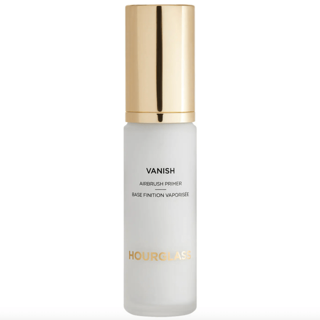 Hourglass Vanish Airbrush Primer in a white bottle with a gold cap.