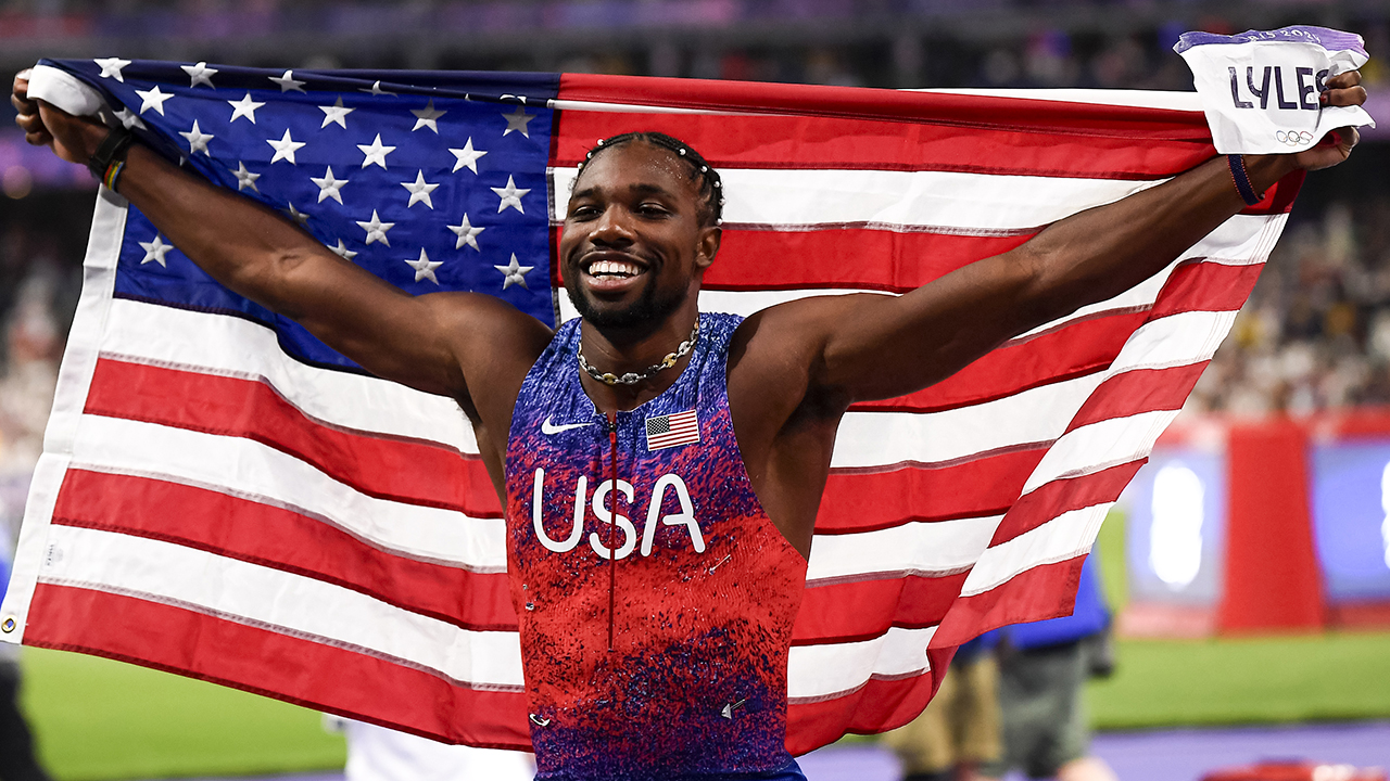 Noah Lyles of United States of America celebrates after winning the 100 meters men final during the Paris 2024 Olympic Games.