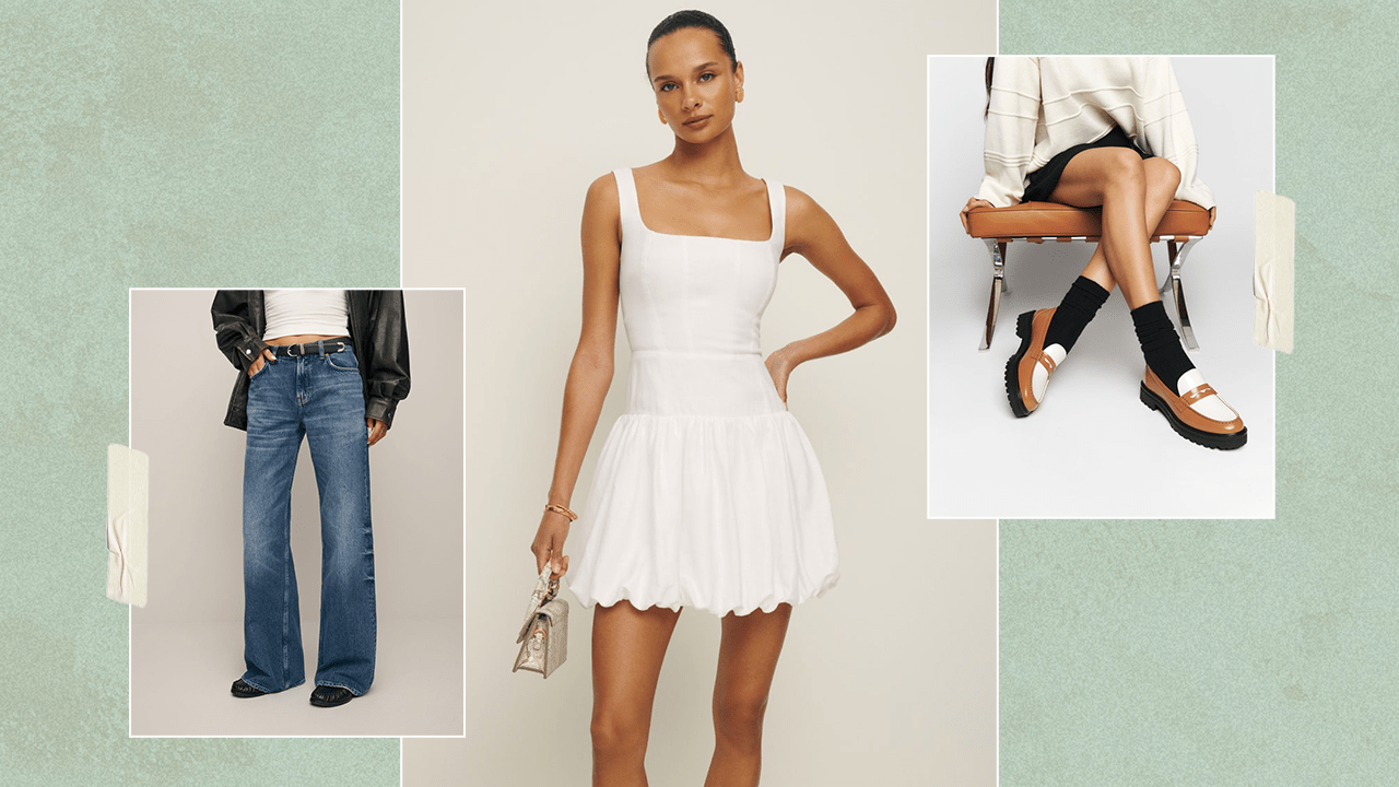 Left to Right: Reformation slouchy wide-leg jeans; Reformation white, drop-waist mini dress; Reformation brown and white chunky leather loafers.