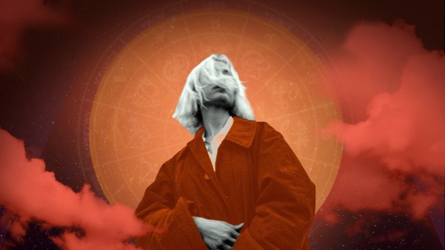 A woman in front of an orange lunar eclipse with a faint birth chart in the background, surrounded by reddish clouds