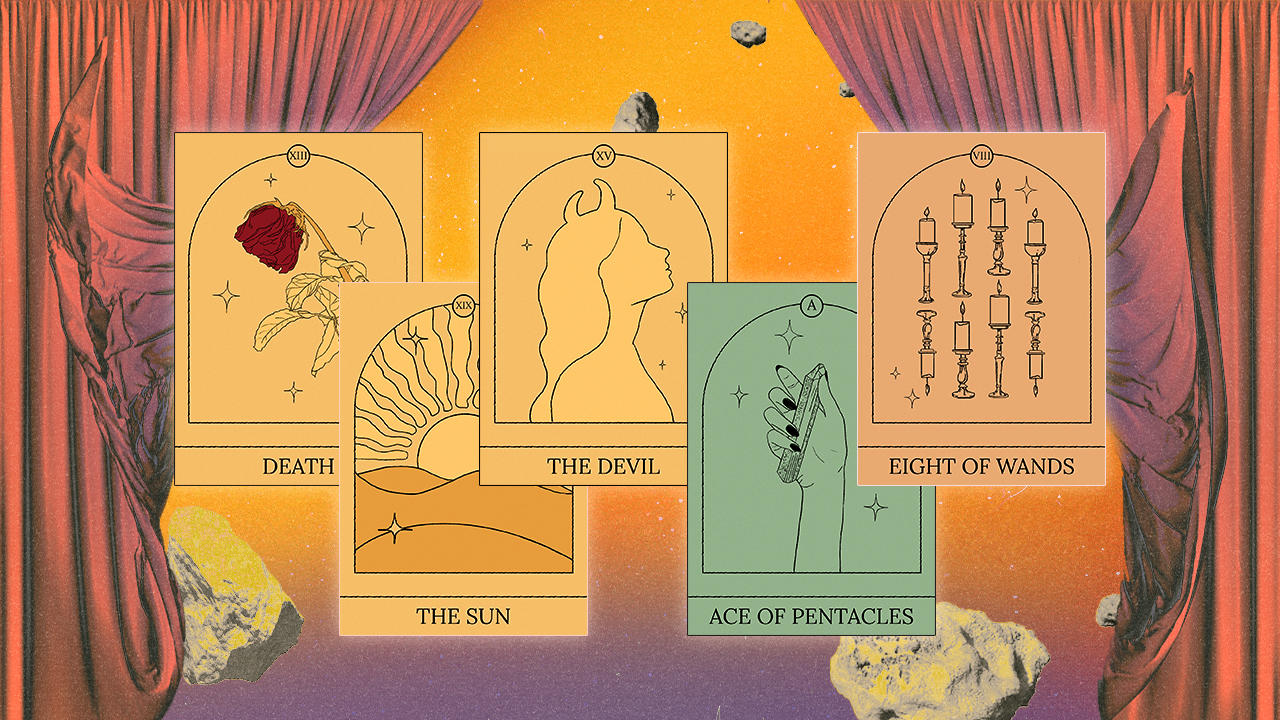 A series of Tarot card in front of a curtailed backdrop