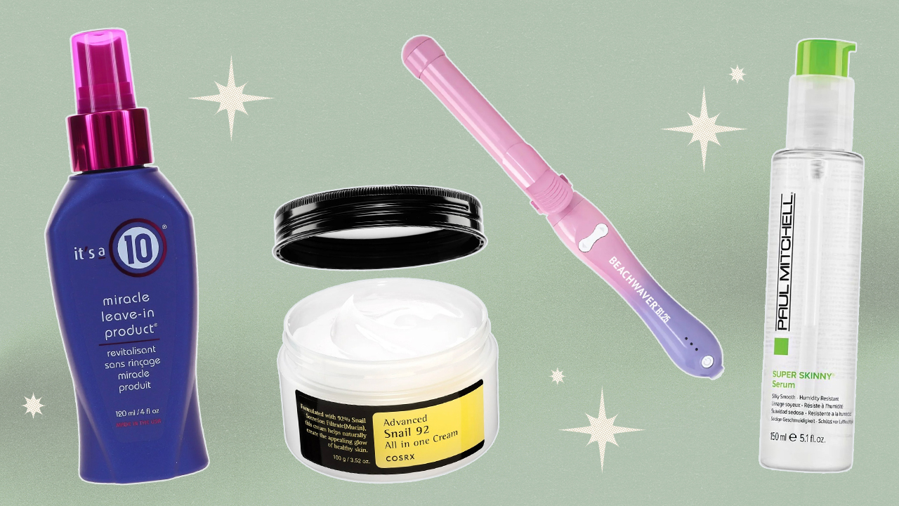 A collage of It's a 10, Cosrx, Beachwaver, and Paul Mitchell products.