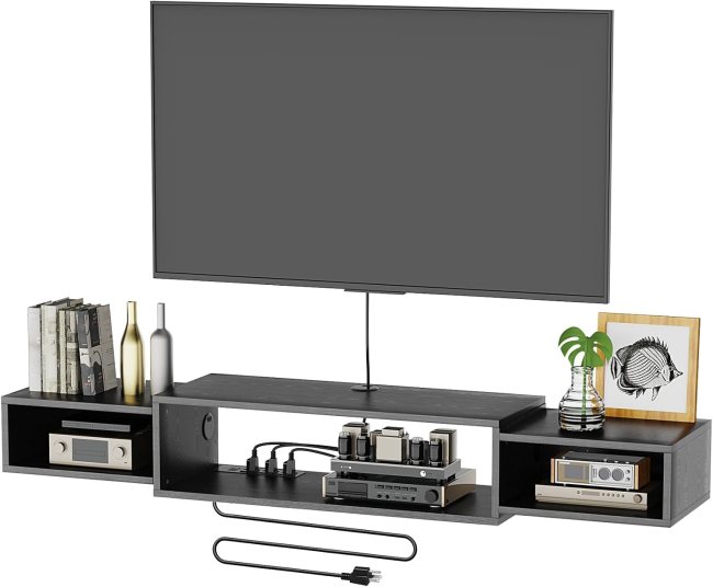 Floating TV stand with various items