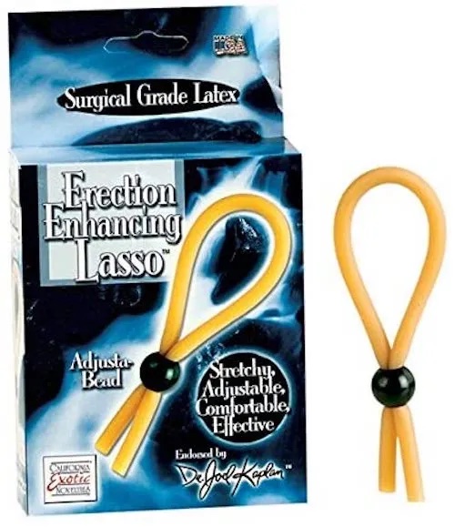 A yellow lasso-shaped toy made out of latex and its packaging
