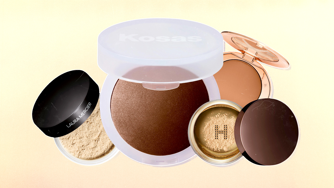 Left to Right: Laura Mercier loose setting powder, Kosas pressed setting powder, Hourglass Cosmetics loose setting powder, Charlotte Tilbuiry pressed setting powder.