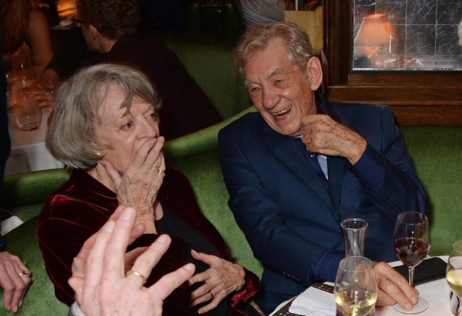 LONDON, ENGLAND - DECEMBER 02:  A magician (R) performs for Sir Derek Jacobi, Dame Maggie Smith, Sir Ian McKellen, Anne Reid and Michael Ball at the annual 'One Night Only At The Ivy' in aid of Acting For Others on December 2, 2018 in London, England.