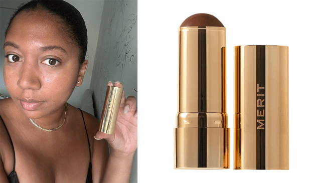 Left: Robyn is wearing the Merit Beauty Bronze Balm in Leo; Right: Merit Beauty Bronze Balm in Leo.