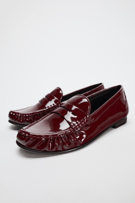 Zara Faux Patent Leather Penny Loafers in cherry red
