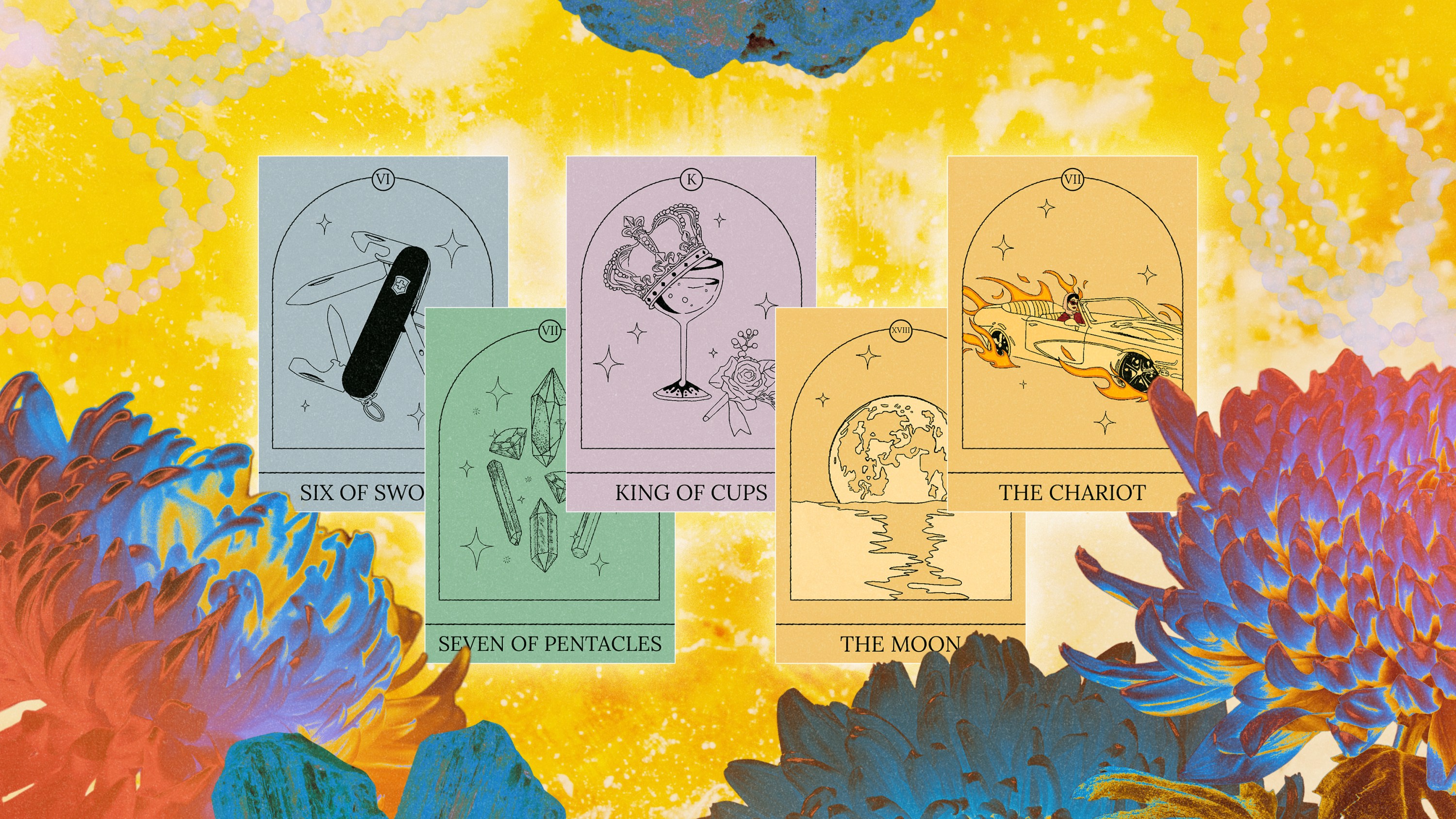 A spread of Tarot cards over a cosmic floral background