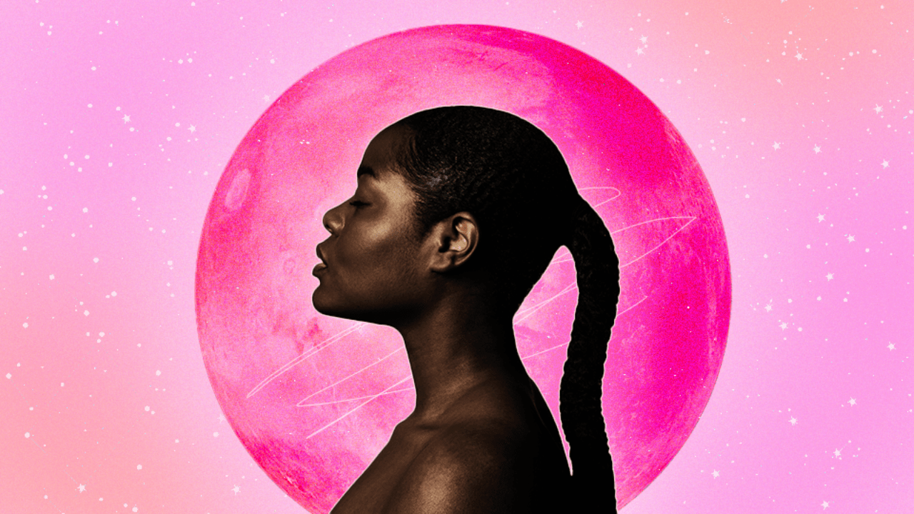 A woman's profile over a hot pink planet Mars and a pink starry background.