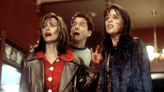 Courteney Cox, Jamie Kennedy, Neve Campbell in "Scream."
