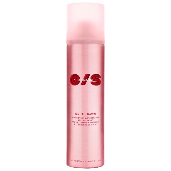 One/Size On 'Til Dawn Mattifying Waterproof Setting Spray in a pink spray bottle.
