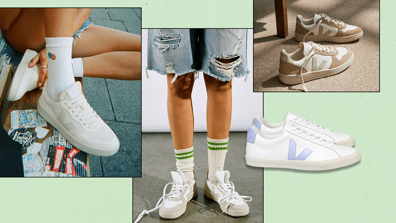 Four photos of Veja sneakers.