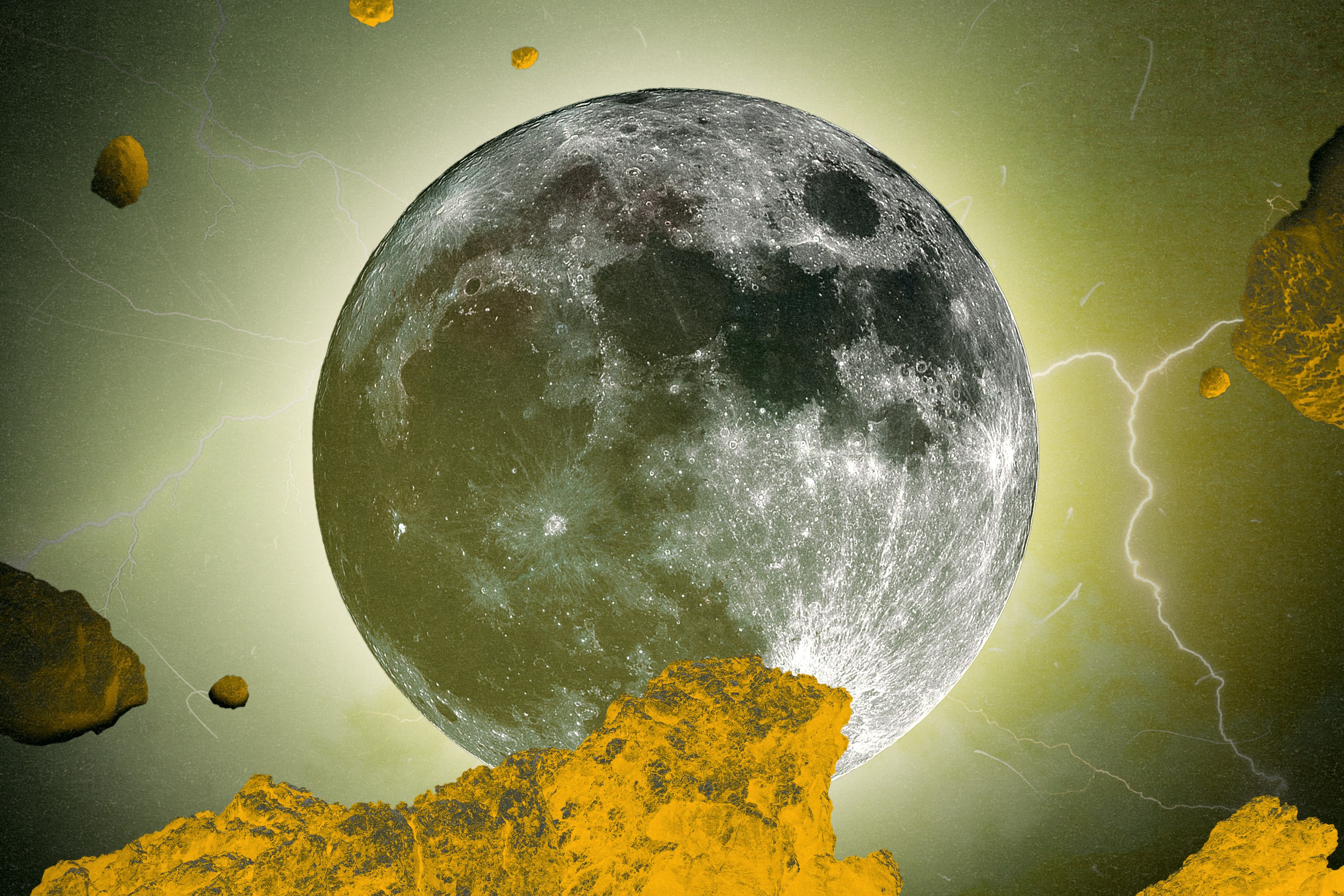 A full moon in green neon hues surrounded by shadows, comets, and lightning bolts