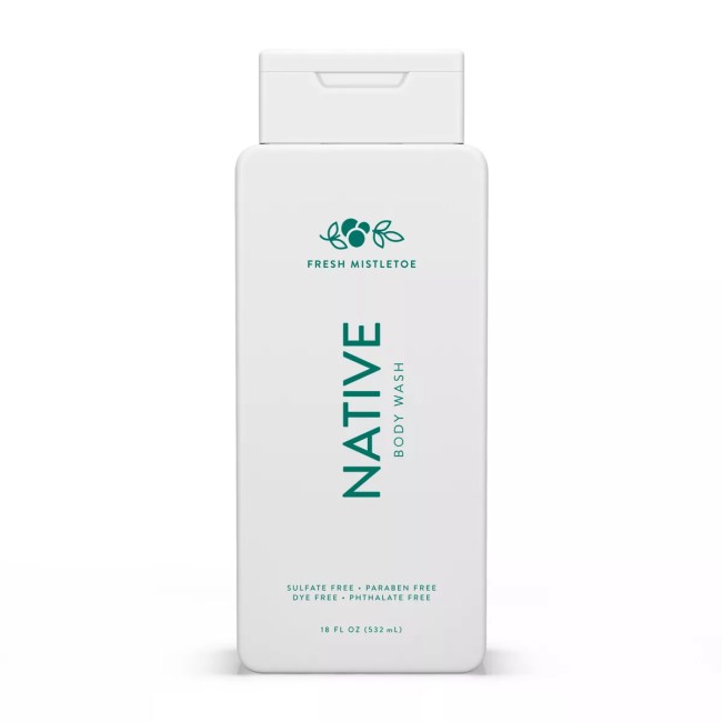 Native Fresh Mistletoe Body Wash in a white bottle.