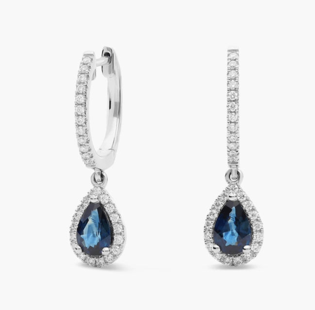 Pear Shaped Sapphire and Diamond Halo Drop Earrings