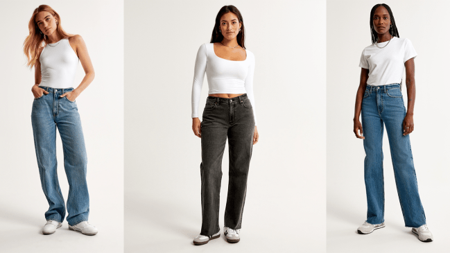 Three models wearing Abercrombie & Fitch jeans