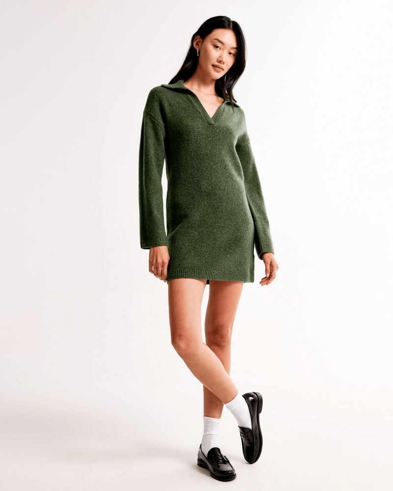Abercrombie & Fitch Long-Sleeve Collared Mini Sweater Dress in green
