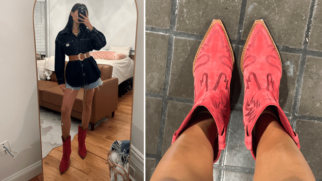 Kaili wearing the Dolce Vita Runa Boots in red.