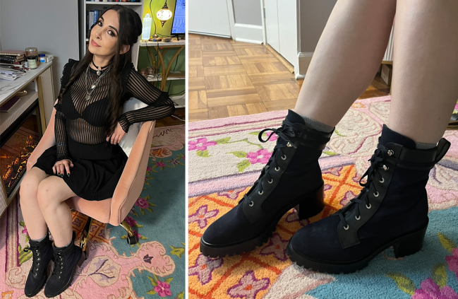 Left: Roya sitting in a chair wearing the Margaux Skater Boot in Deep Royal Suede; Right: an uplose shot of Roya wearing the Margaux Skater Boot in Deep Royal Suede.
