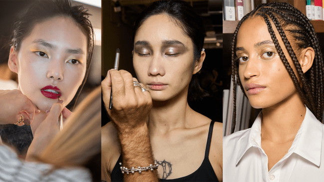 Models wearing metallic eye shadow.