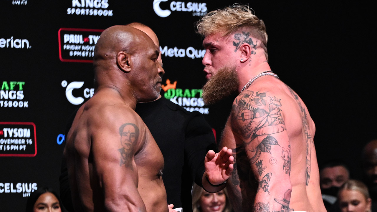 IRVING, TEXAS - NOVEMBER 14: Mike Tyson and Jake Paul faceoff during Weigh-In at the Toyota Music Factory in Irving, Texas on November 14, 2024 ahead of their match for heavyweight world titles of the Premiere Boxing Championship which will be on November 15 Friday night at AT&T Stadium in Arlington, Texas, United States.
