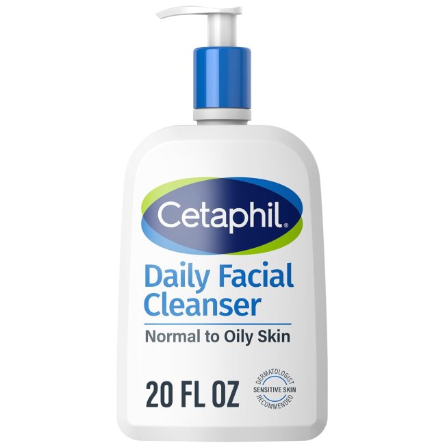 Cetaphil Daily Facial Cleanser in a white bottle.