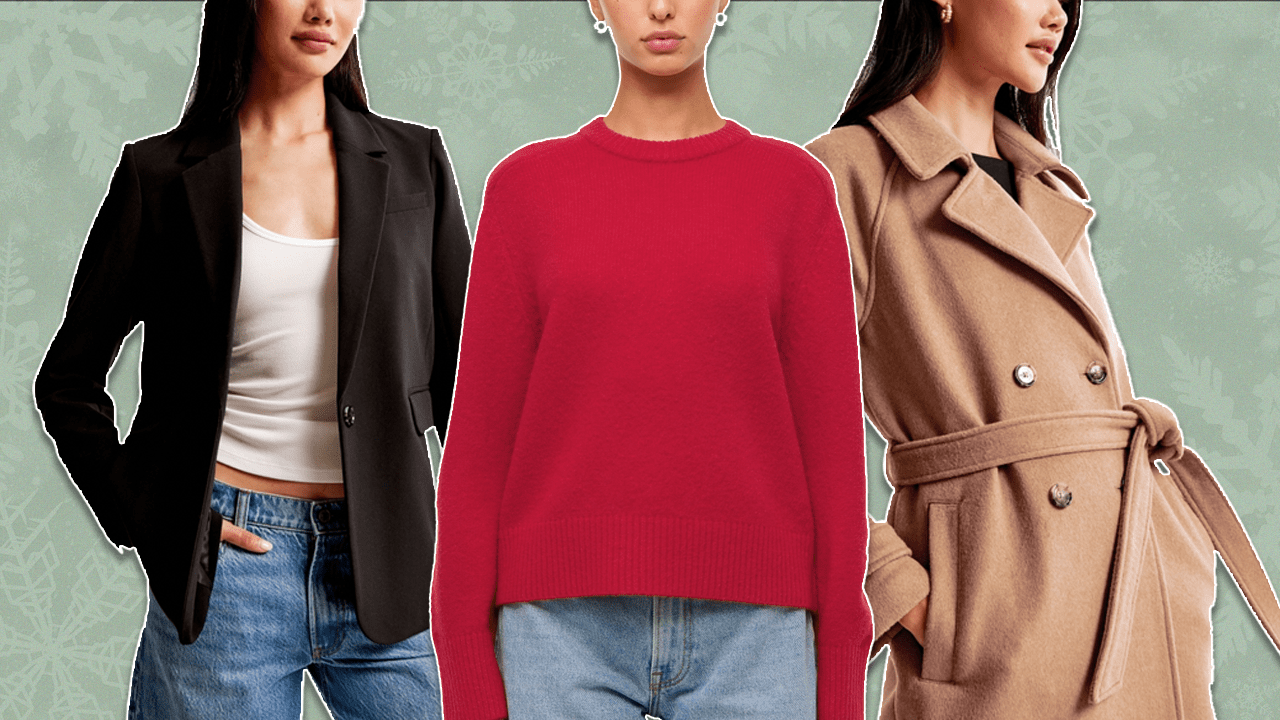 Three models wearing an Abercrombie black blazer, an Abercrombie bright red sweater, and an Abercrombie light brown coat.