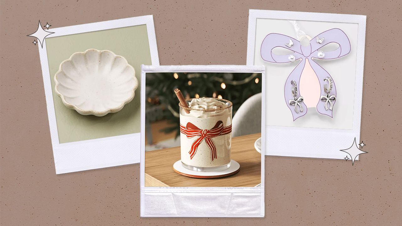 Left to Right: a vintage cream stoneware trinket disk, a glass tumbler with a red and white bow printed on it, and silver bow drop earrings.