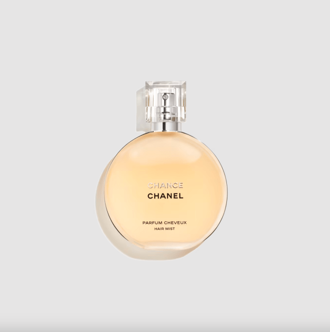 Chance Hair Mist in a circle bottle.