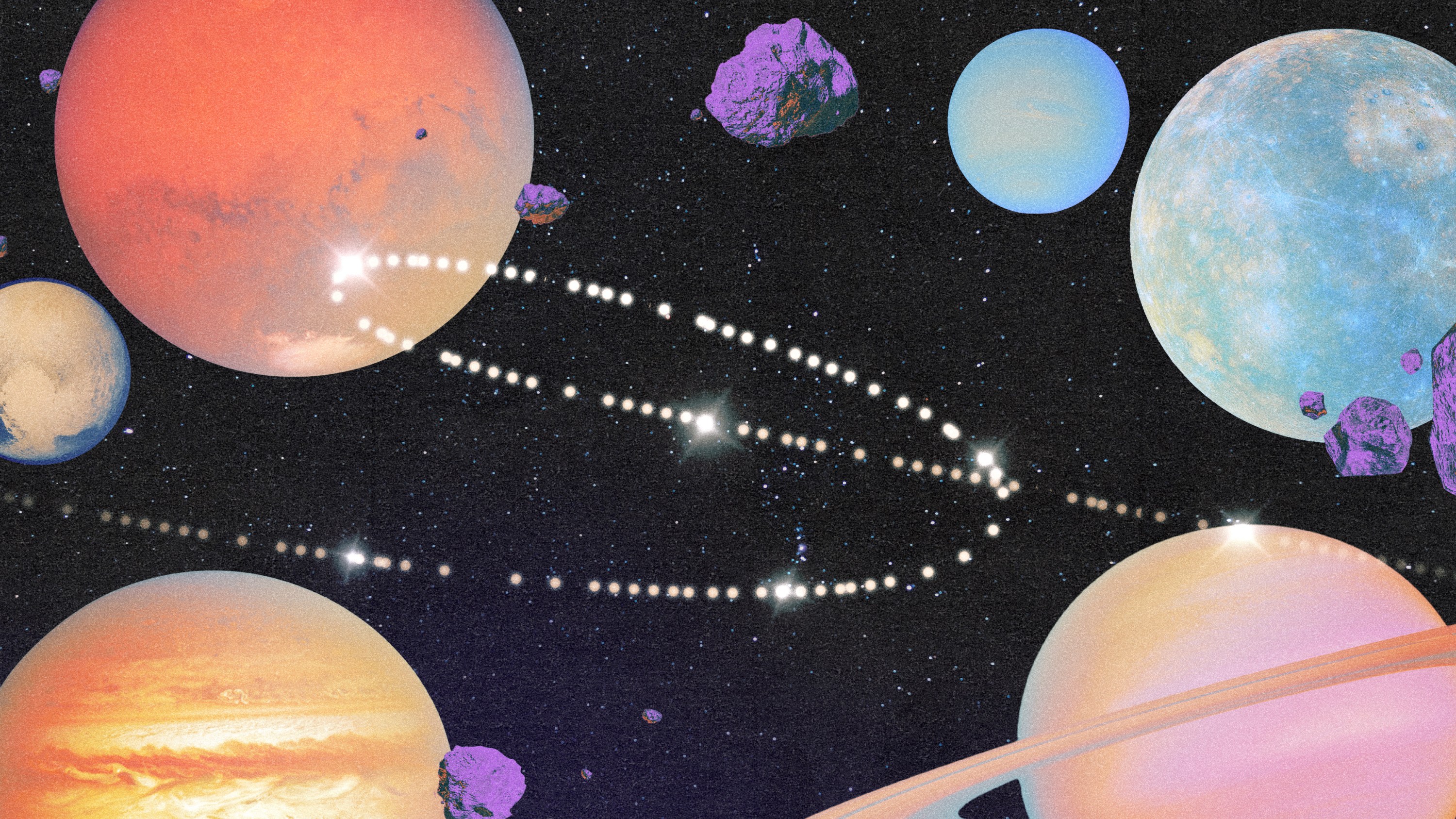 A series of planets in a cosmic sky